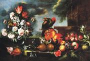 Flowers, Fruit and a parrot unknow artist